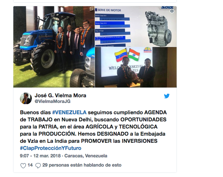 Venezuela recibe propuesta de la India para producir tractores