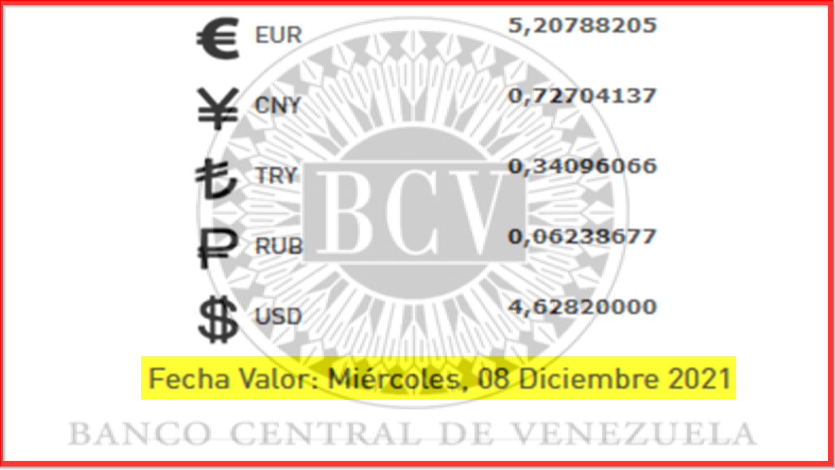 BCV Cambio oficial de referencia para transacciones del día MIERCOLES 8