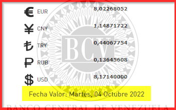 BCV Tipo De Cambio De Referencia Y Para Transacciones Del MARTES 4 De