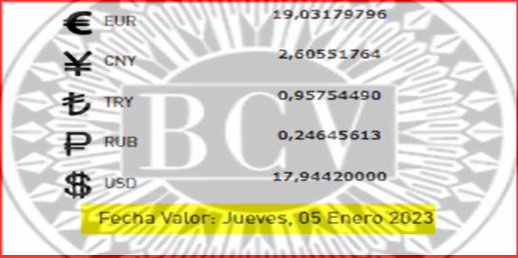 BCV Cambio referencial y para transacciones del JUEVES 5 de enero 2023